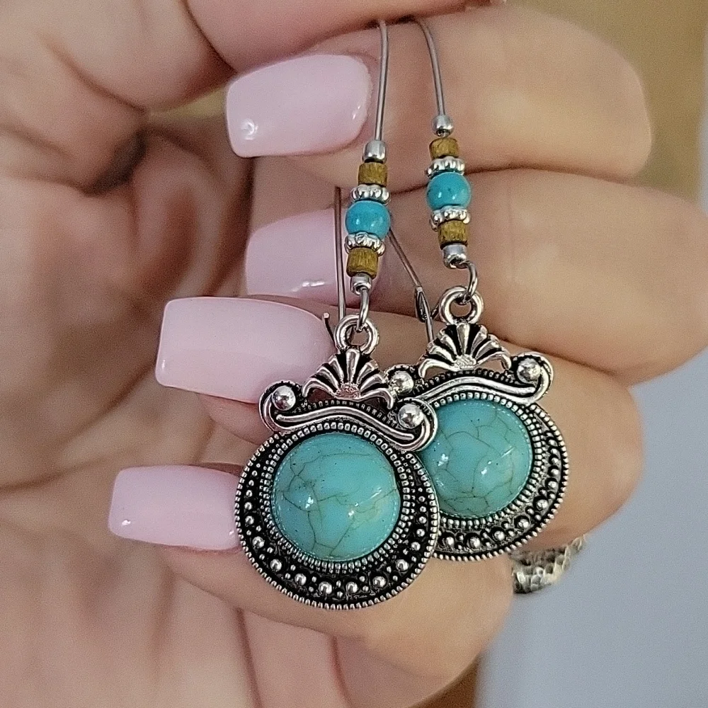 🔥LAST PAIR🔥 Howlite Medallion Dainty Wire Drop Earrings - Picture 3 of 6